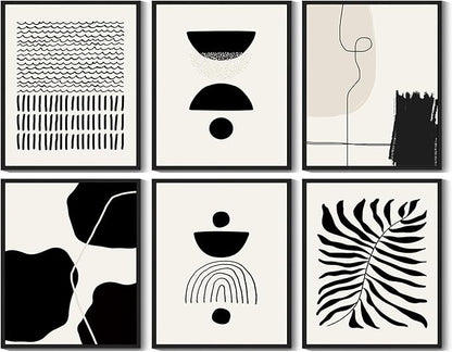 KUVIOKE Black Abstract Framed Wall Art Boho Room Decor Set of 6 Minimalist Geometric Line Art Bohemian Mid Century Modern Prints for Bedroom Living Room 11x14in (Black Framed)