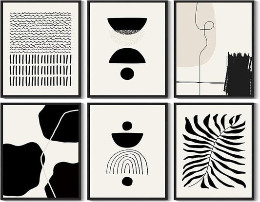KUVIOKE Black Abstract Framed Wall Art Boho Room Decor Set of 6 Minimalist Geometric Line Art Bohemian Mid Century Modern Prints for Bedroom Living Room 11x14in (Black Framed)