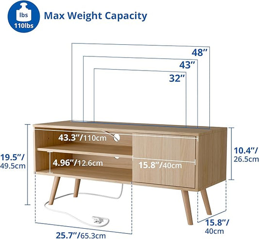 Cozy Castle TV Stand for 48-55 Inch TV, Mid Century Modern Entertainment Center with Storage Cabinet, TV Media Console with Charging Station for Living Room (Oak, 43.3" W x 15.7" D x 19.5" H)