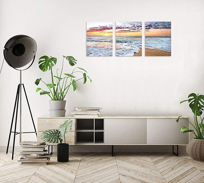 TutuBeer 3 Panels Beach Home Beach Decor for Home Beach Decorations White Beach Sunrise with Deep Blue Sky Beach Pictures of the Beach Kitchen Decor Beach Decorations for Home Decor 12" x 16" x 3