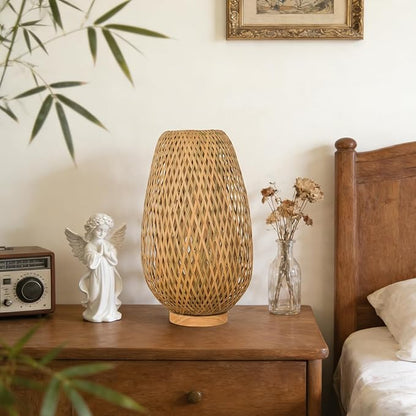 ARTZONE Rattan Lamp, Vintage Boho Lamp for Bedside, Handmade Mini Bamboo Table Lamp for Entrance Bedroom Living Room Office and Home Decor