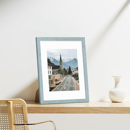 Vittanly 11x14 Picture Frames Set of 9, Shatter Resistant Plexiglass, Display 8x10 Pictures with Mat or 11x14 without Mat, Photo Frames for Wall or Tabletop, Engineered Wood, Rustic Blue