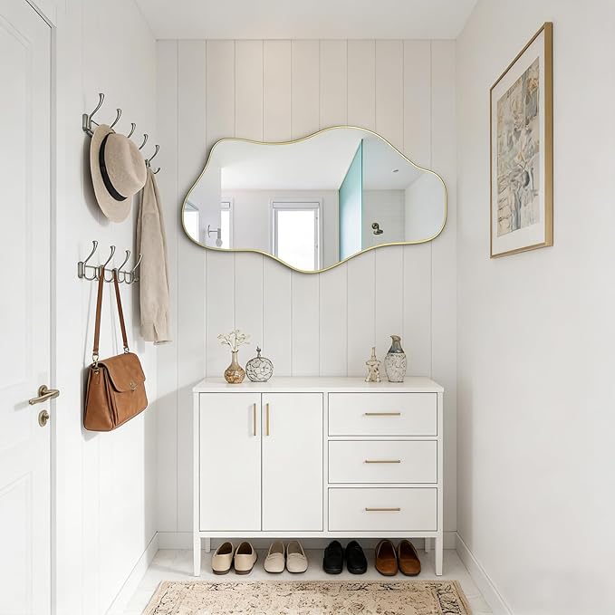 Gold Irregular Wall Mirror, 35.8"x17.7" Asymmetrical Tempered Glass Mirror, Modern Abstract Frameless Cloud Mirrors for Living Room Bedroom Entryway, Horizontal or Vertical Hanging