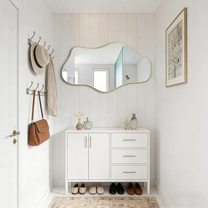 Gold Irregular Wall Mirror, 35.8"x17.7" Asymmetrical Tempered Glass Mirror, Modern Abstract Frameless Cloud Mirrors for Living Room Bedroom Entryway, Horizontal or Vertical Hanging
