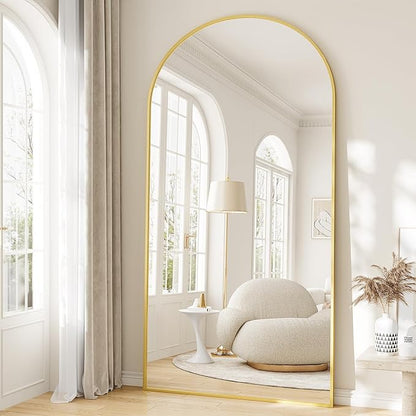 Oversized Full Body Mirror 35x78 inch Arched Full Length Mirror with Stand Aluminum Wall Mounted Hanging or Leaning Standing Mirrors,Gold