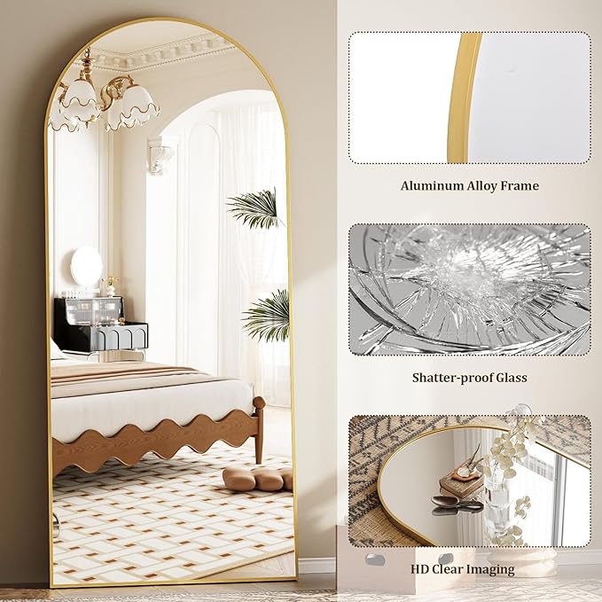 Prywot Full Length Mirror, Oversized 90"x46" Arched-Top Floor Mirror, Free Standing Mirrors, Modern Full Body Mirrors with Aluminum Alloy Frame for Bedroom,Living Room, Gold