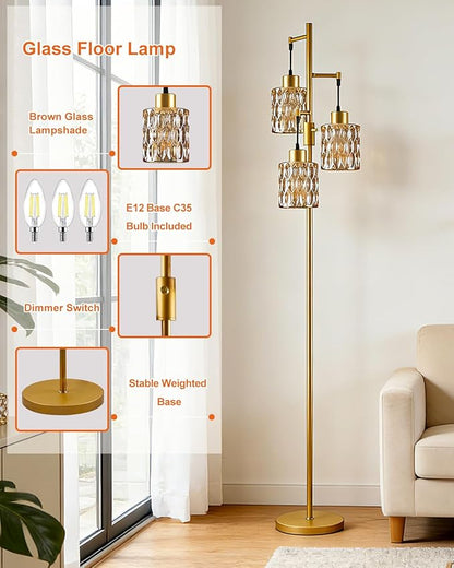 3-Light Modern Glass Floor Lamp, Gold Standing Tall Lamp with Amber Cylinder Glass Shade for Reading, Dimmable LED Floor Lamp with 5Lbs Heavy Base for Living Room Bedroom Home Decor, Bulb Included
