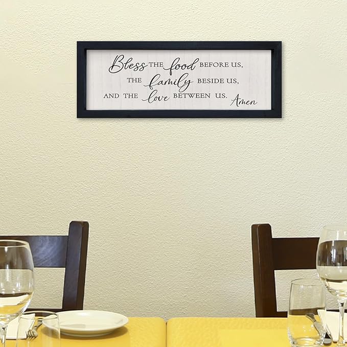 comurdyo Modern Religious Holy Dining Room Bless the Food Before Us Prayer Sign Wall Decor 16"×6" Framed Wood for Small Rustic Minimalist Christian Catholic Kitchen Wall Art Hanging (Black)