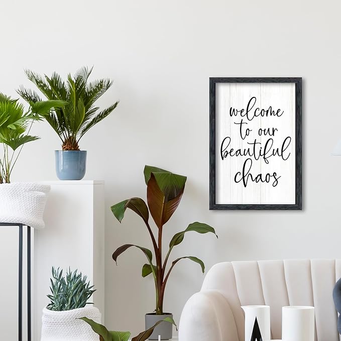 AuraPeak Welcome To Our Beautiful Chaos Sign Home Living Room Wall Decor Modern Family Rustic Farmhouse House Entryway Bedroom Hanging Horizontal Plaque Wall Art (Black 16"×11")