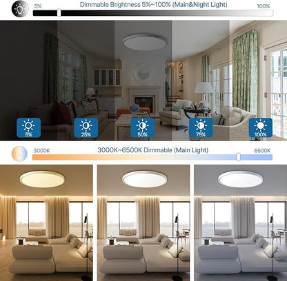 2Pack Dimmable LED Flush Mount Ceiling Light Fixture with Remote Control, 24W 2640LM, 12Inch, 2000K Warm Night Light & 3000K-6500K, Modern Super Slim Ceiling Lamp for Bedroom Kitchen, White
