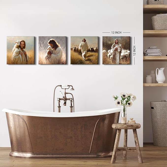 Jesus and Lamb Wall Art Set of 4 Christian Wall Decor Running After Lost Lamb Pictures Canvas Prints Vintage Jesus Theme Paintings Christ The Good Shepherd Artwork Home Decorations 12x12”