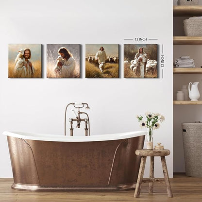 Jesus and Lamb Wall Art Set of 4 Christian Wall Decor Running After Lost Lamb Pictures Canvas Prints Vintage Jesus Theme Paintings Christ The Good Shepherd Artwork Home Decorations 12x12”