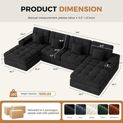144" U Shaped Cloud Boneless Couch,Modern Modular Sectional Sofa with Layered Cushion,No Assembly Convertible Corduroy Couches for Living Room,Black 1 PCS