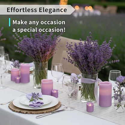 FURORA LIGHTING Purple Flameless Candles - Real Wax, Adjustable Brightness, Remote & Timer - 4 Pillars (3x4, 3x6) and 4 Votives, 8-Pack, Battery Operated