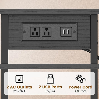 Asgolion Side Table with Charging Station, Skinny Nightstand with USB Ports and Outlets, 3 Tier Narrow End Table with Storage for Bedroom, Living Room, Office, Black