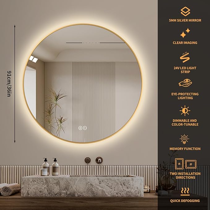 LAIYA 36 Inch Round LED Bathroom Mirror with Lights, Gold Aluminum Frame, Anti-Fog Dimmable Backlit Vanity Mirror, 3 Color Temperature, Memory Function, Wall Mounted Lighted Bathroom Mirror