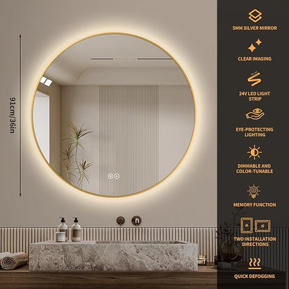 LAIYA 36 Inch Round LED Bathroom Mirror with Lights, Gold Aluminum Frame, Anti-Fog Dimmable Backlit Vanity Mirror, 3 Color Temperature, Memory Function, Wall Mounted Lighted Bathroom Mirror