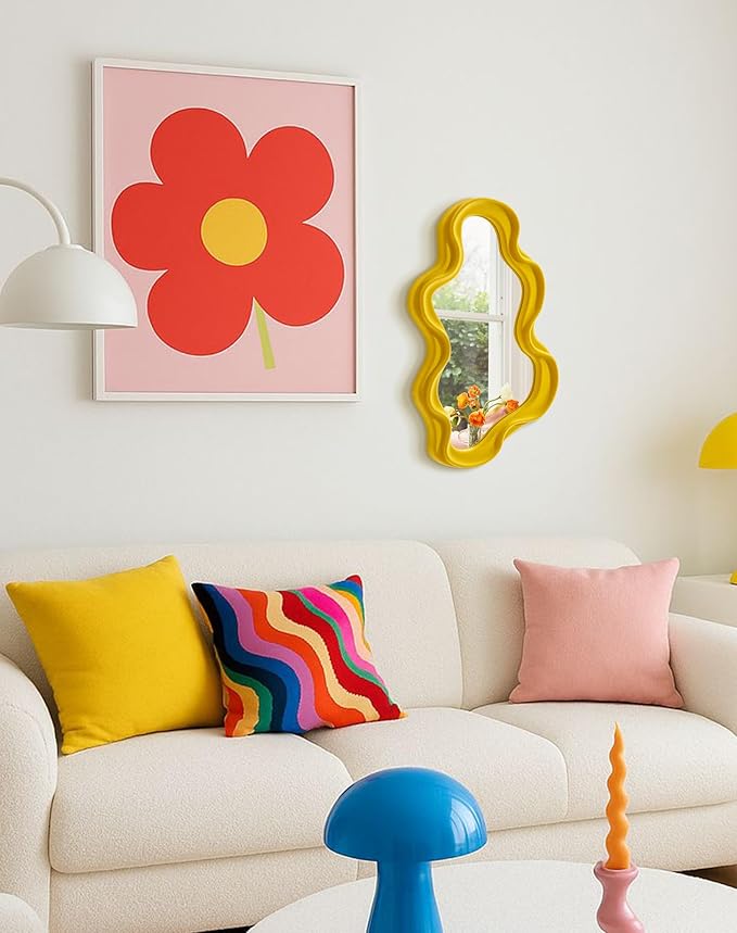Trendy Bedroom Mirrors for Wall Decor, Soft Velvet Wall Mounted Cloud Mirror for Girl Teen Women Bedroom Decoration, Cute Hanging Sculpture Home Accent for Dining Room Kitchen (Yellow-Orange)