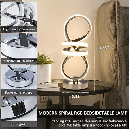 EIDISUNY RGB Spiral Table Lamp, Modern LED Table Lamp, Chrome Cool Bedside Lamps, 7 Colors & 10 Light Modes Touch Dimmable LED Nightstand Lamp with USB/Type C for Bedroom, Living Room,Silver