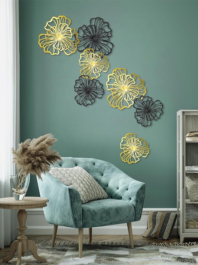 7 Piece Metal Wall Decor for Living Room, Boho Double Layered Iron Flower Wall Hanging Art, Aesthetic Indoor Metal Wall Sculpture Decor for Bedroom Kitchen Bathroom Farmhouse Home Office, Gold-Black