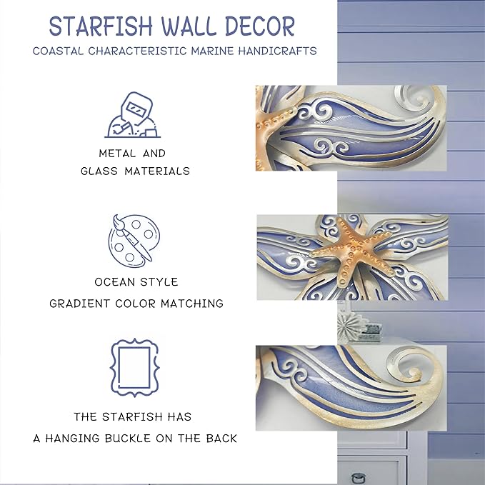 POXOHO Starfish Outdoor Wall Decor, 12" Hanging Metal & Glass Sculpture, Starfish Coastal Wall Hanging Decor for Garden Living Room Balcony(Purple)