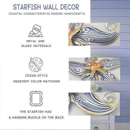 POXOHO Starfish Outdoor Wall Decor, 12" Hanging Metal & Glass Sculpture, Starfish Coastal Wall Hanging Decor for Garden Living Room Balcony(Purple)