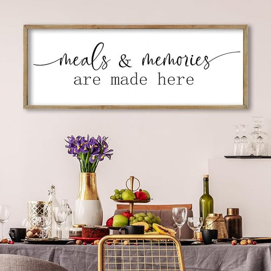 FZMHASLWW Farmhouse Kitchen Wall Decor Quote Meals and Memories Are Made Here Sign Art 32"×12" Vintage Cozy Home for Dining Room Large Rustic Wooden Framed Wall Hanging Decoration (Wood)