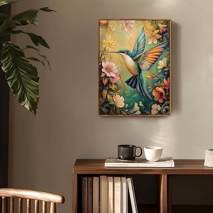 Framed Vintage Wall Art Bird Flower Canvas Wall Art Hummingbird Pictures Wall Decor Nature Botanical Prints Colorful Aesthetic Artwork Paintings for Living Room Bedroom Bathroom 16x24in