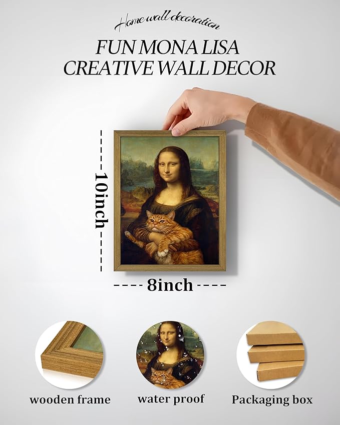 Funny Mona Lisa Cat Wall Art, Vintage Renaissance Mona Lisa Holding Orange Tabby Cat Canvas Print, Classic Abstract Art Painting Poster for Bathroom Living Room Bedroom Home Decor 8x10 Inch Framed