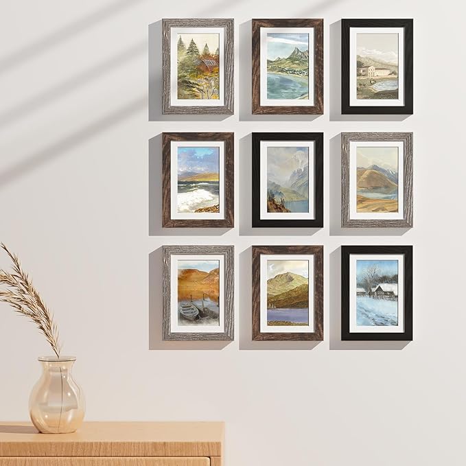 Vittanly 5x7 Picture Frames Set of 9, Display 4x6 Pictures with Mat or 5x7 without Mat, Photo Frames for Wall or Tabletop with Plexiglass, Engineered Wood, Black&Brown&Dark Grey