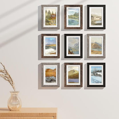 Vittanly 5x7 Picture Frames Set of 9, Display 4x6 Pictures with Mat or 5x7 without Mat, Photo Frames for Wall or Tabletop with Plexiglass, Engineered Wood, Black&Brown&Dark Grey