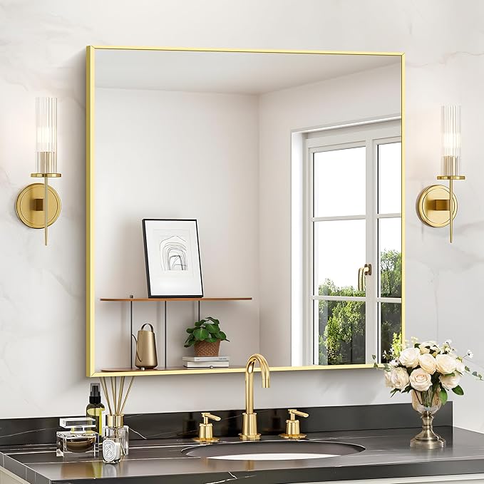 COFENY Gold Bathroom Mirror for Wall, 30x30 Inch Rectangle Mirrors with Metal Frame, Modern Vanity Wall Mirror Decor for Bathroom Living Room, Entryway Hangs Horizontal or Vertical