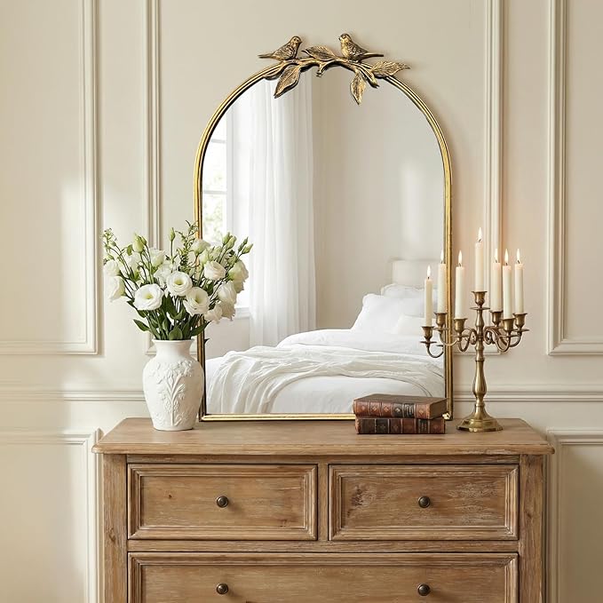 Gold Baroque Vintage Mirror for Vanity 24x35Inch Gold Antique with Ornate Frame, Arched Vintage Wall for Bathroom, Living Room, Fireplace, Entryway