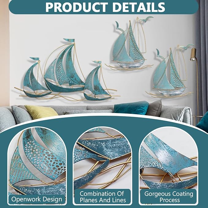 Set of three sailboats Metal Wall Art Large Metal Sailboat Wall Decor, Metal Ship Wall Decorations, Large Metal Ship Wall Decor for Living Room, Bedroom, Modern Home Wall Sculpture for Office, Bedroom