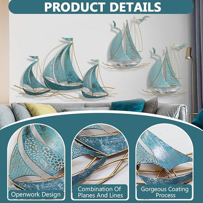Set of three sailboats Metal Wall Art Large Metal Sailboat Wall Decor, Metal Ship Wall Decorations, Large Metal Ship Wall Decor for Living Room, Bedroom, Modern Home Wall Sculpture for Office, Bedroom