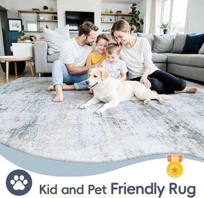 6x9 Area Rugs Washable Rug:Anti-Skid Abstract Modern Living Room Rug Soft Thin Carpets Indoor Floor Non-Shedding Carpet for Bedroom Dining Farmhouse Nursery Home Office(Blue/Grey/Gold/White, 6x9)
