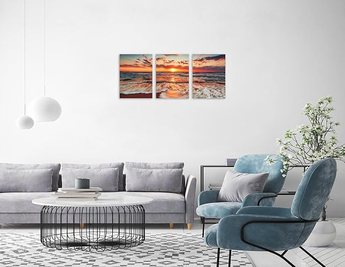 TutuBeer 3 Pcs Picture of the Beach Ocean Pictures Blue Sea Beach at Sunrise Art Print on Canvas Sea Wall Decor Ocean Wall Art Seascape Canvas Stretched and Framed 16" x 24" x 3 Pcs