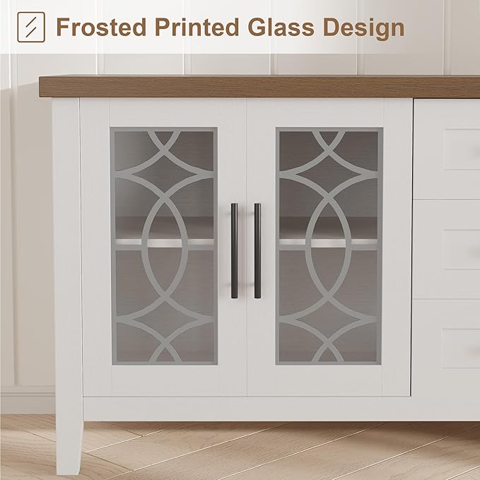 GarveeHome Farmhouse TV Stand with Glass Door for 70 Inch Tv, Mid Century Modern Entertainment Center for Living Room, Rustic Television Stands 2 Storage Door & 3 Drawer for Bedroom (Farmhouse White)