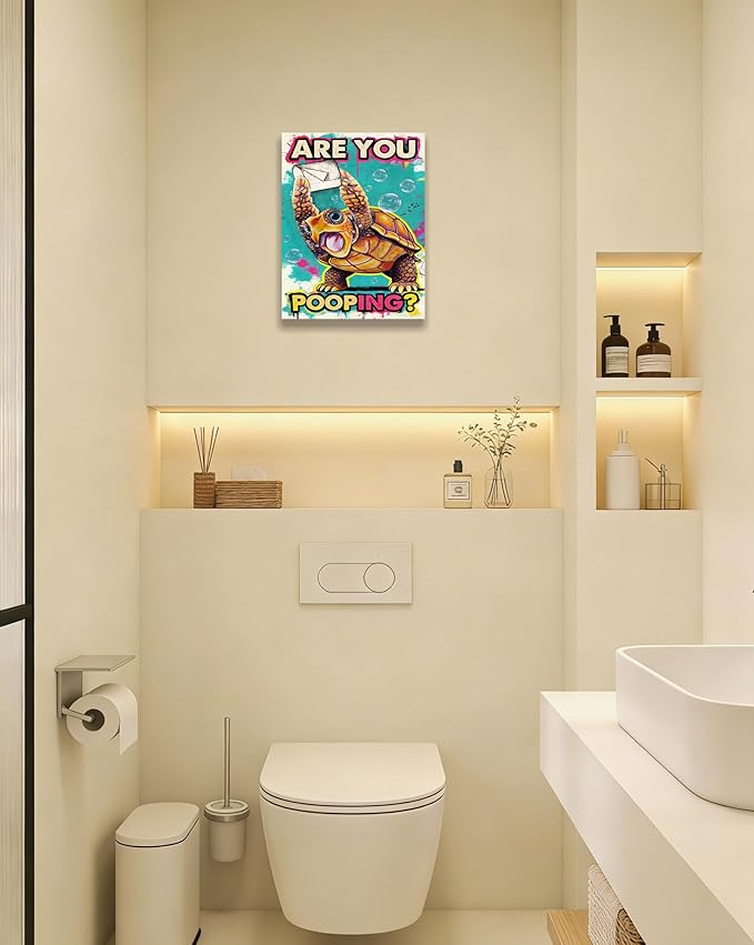 Funny Turtle Bathroom Wall Art Painting, Are You Pooping? Graffiti Humor Canvas Print, Teal Pop Art Bathroom Poster Decor, 12x16 Inch Framed Wall Picture for Bathroom Restroom Toilet Washroom