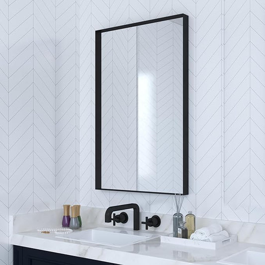 VocalStar Black Metal Framed Bathroom Mirror for Wall, 22 x 30 Inch Square Corner Rectangle Black Bathroom Vanity Mirror Modern Farmhouse, 1/4-inch Shatterproof Glass | Ultra-Flush Hanging