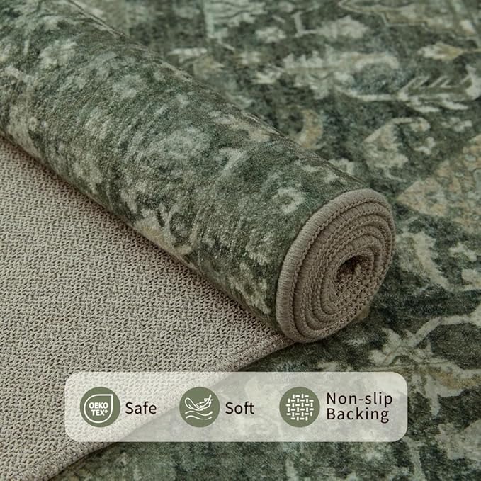 Rugxara 9x12 Area Rugs for Living Room Bedroom, Large Washable Rug, Green Vintage Floral Boho Rug, Non Slip & Low Pile Faux Wool Thin Carpet for Indoor Dining Room and Kids Room(Green 9x12ft)