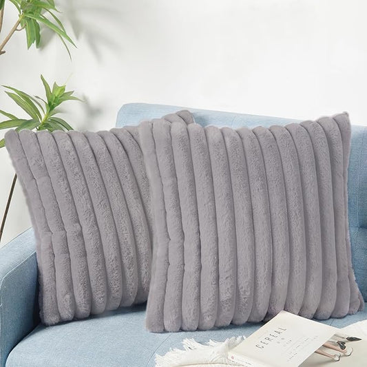 Decorative Throw Pillow with Inserts, Set of 2 Soft Faux Fur Throw Pillows, Square Boho Striped Pillow for Couch, Bed, Sofa Decor(Gray, 16" x 16")