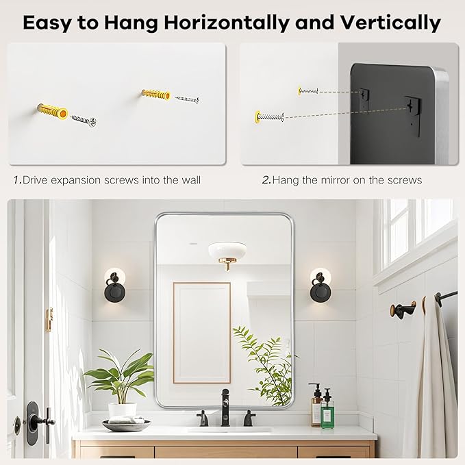 Bathroom Mirror Wall - 30x36 Inch Silver Framed Rectangular Mirror for Bathroom Over Sink, Brushed Metal Frame Mirror for Restroom, Entryway