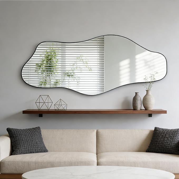 Irregular Frameless Mirror, 60"x24" Large Asymmetrical Tempered Glass Mirror, Modern Organic Shape Mirrors for Living Room Bedroom Hallway Entryway, Hangs Vertically or Horizontally
