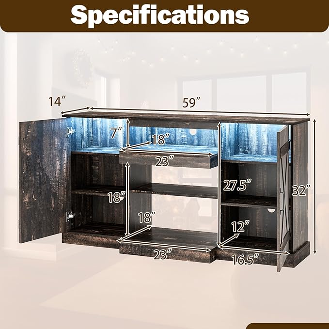 Tangkula 58”L Farmhouse LED TV Stand for TV up to 65 Inch, 32”H Tall Entertainment Center with 20 Color Led Lights, Media Console Table with Cubbies & Cabinets, Large Storage Cabinet for Living Room
