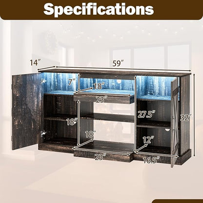 Tangkula 58”L Farmhouse LED TV Stand for TV up to 65 Inch, 32”H Tall Entertainment Center with 20 Color Led Lights, Media Console Table with Cubbies & Cabinets, Large Storage Cabinet for Living Room