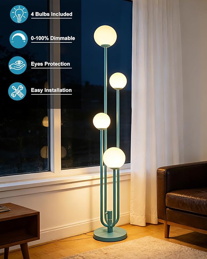 Lightdot Green Globe Floor Lamp 4-Lights Dimmable Floor Lamps with 3000K Bulbs Included Unique Modern Standing Tall Lamp with 5Lbs Heavy Base for Living Room/Bedroom
