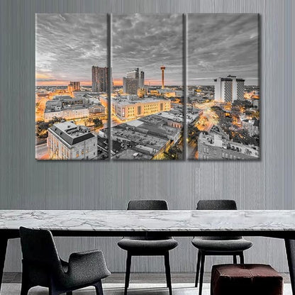 TUMOVO 3 Panel San Antonio Texas USA Downtown City Skyline Modern Artwork Wall Decor Skyscrapers Cityscape Pictures Bathroom Decor Wall Art Print on Canvas Framed Ready to Hang (60" Wx40 H)