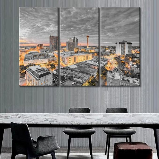 TUMOVO 3 Panel San Antonio Texas USA Downtown City Skyline Modern Artwork Wall Decor Skyscrapers Cityscape Pictures Bathroom Decor Wall Art Print on Canvas Framed Ready to Hang (60" Wx40 H)