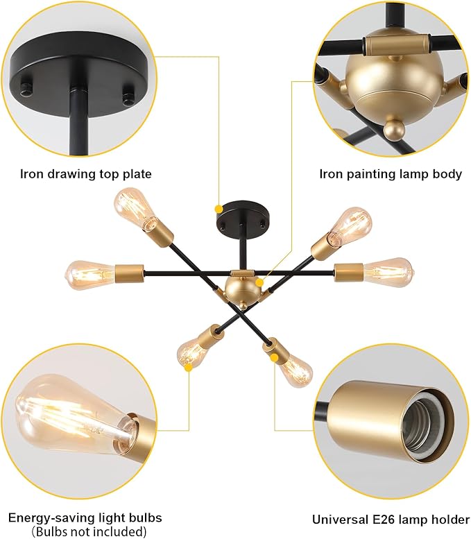 MEIXISUE Modern Semi Flush Mount Ceiling Light Fixture Black and Gold Close to Ceiling Light 6-Light Sputnik Chandelier Light Fixture for Hallway Entryway Bedroom Kitchen Dining Room UL Listed